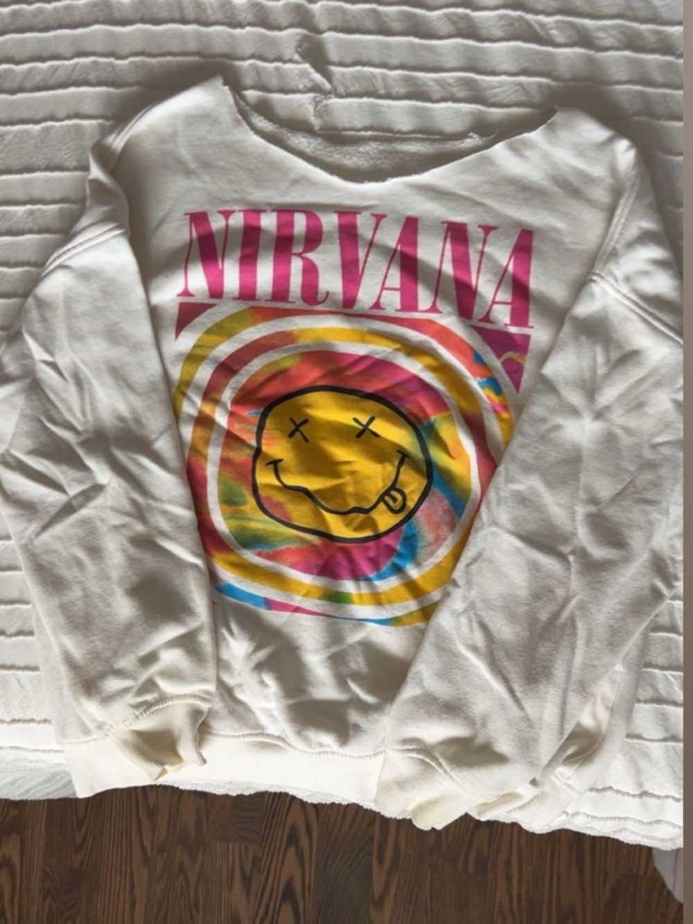 NIRVANA White Sweatshirt with Pink Logo and Multicolor Smiley